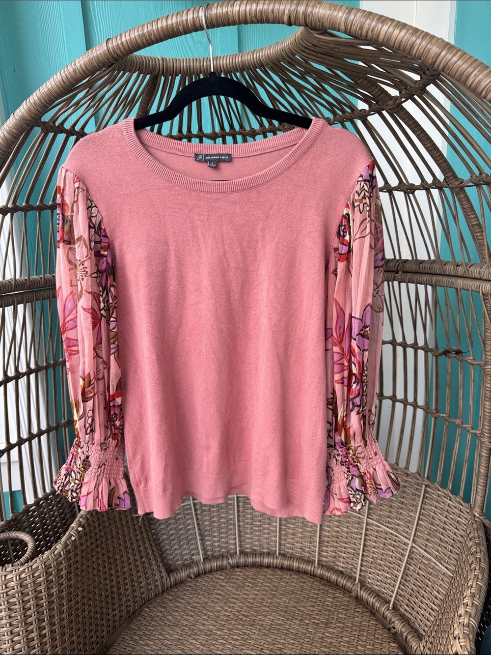 Adrianna Papell Pink Knit Sweater with Floral Chiffon Sleeves size Large